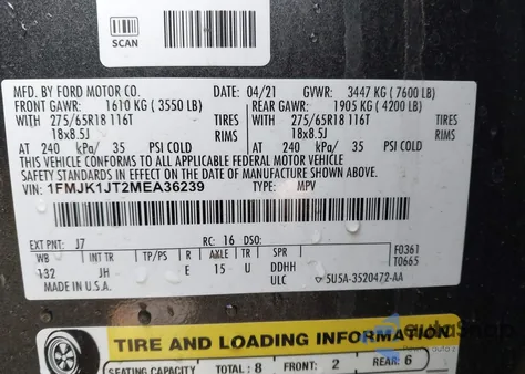 2021 Ford Expedition Xlt Max z USA, uszkodzony, nr VIN 1FMJK1JT2MEA36239